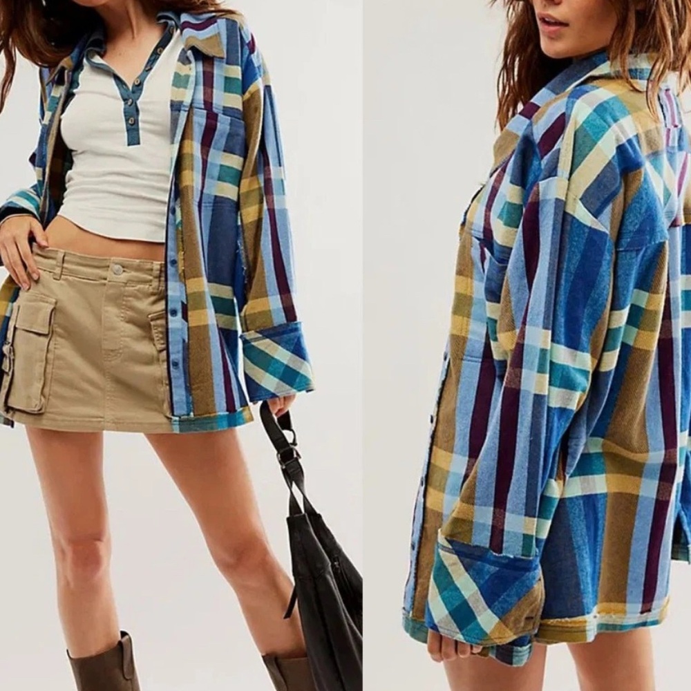 Free People We The Free “So Long Summer” Plaid Shacket –Blue & Tan Sz. Medium 🤎